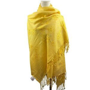 Yellow Embroidered Floral Design Scarf With Tassels